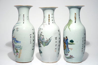 Three tall Chinese famille rose vases with calligraphy, 19/20th C.