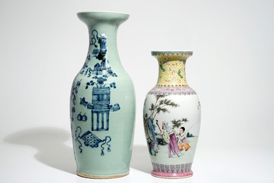 A fine Chinese famille rose vase with figures and a celadon-ground vase, 19/20th C.