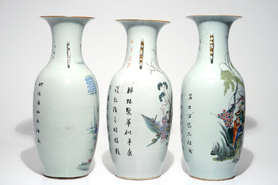Drie grote Chinese famille rose vazen met kalligrafie, 19/20e eeuw