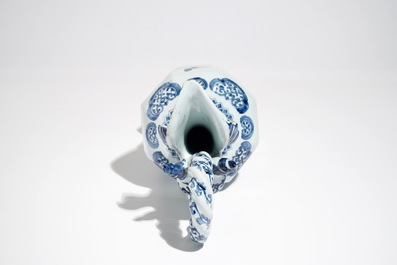 A large Dutch Delft blue and white rope twist handle jug, 2nd half 17th C.