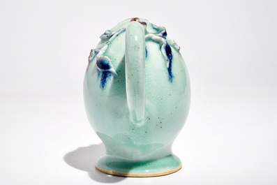 A Chinese red and blue on celadon-ground peach-shaped cadogan teapot, 18/19th C.