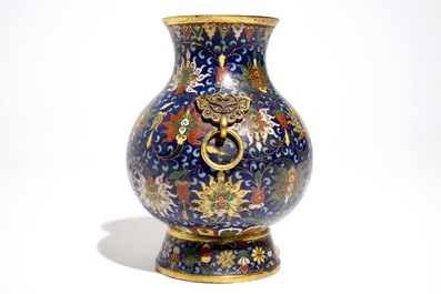 A Chinese cloisonn&eacute; lotus scroll hu vase, Jingtai mark, 19/20th C.