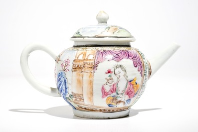 A fine Chinese famille rose teapot and cover with a lady holding a small dog, Yongzheng