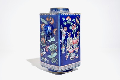 A Chinese famille rose enamelled blue-ground cong vase, 19th C.