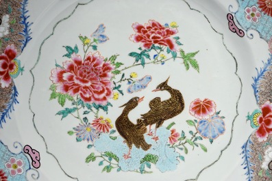 A pair of large Chinese famille rose chargers with mandarin ducks, Yongzheng