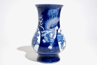 A Chinese blue and white relief-decorated hu vase with mythical beasts, Chenghua mark, 19/20th C.