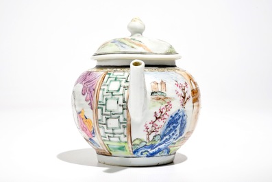 A fine Chinese famille rose teapot and cover with a lady holding a small dog, Yongzheng