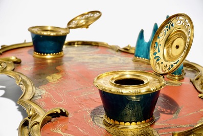 A Louis XV ormolu-mounted lacquer and turquoise Chinese porcelain inkstand, Kangxi and ca. 1740