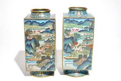 A pair of Chinese cloisonn&eacute; cong vases, Qianlong mark, 19/20th C.