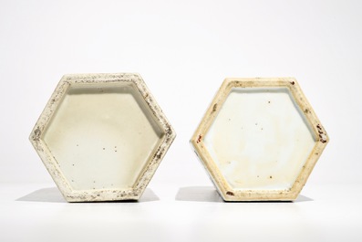 Two Chinese famille rose reticulated hexagonal hat stands, 19th C.