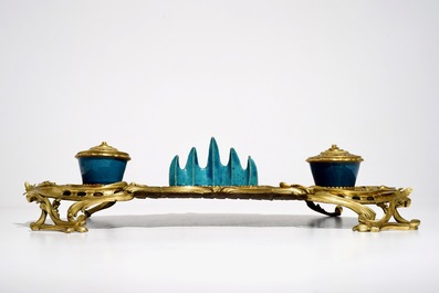 A Louis XV ormolu-mounted lacquer and turquoise Chinese porcelain inkstand, Kangxi and ca. 1740