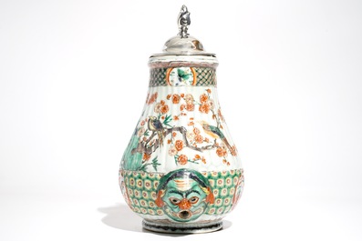 A Chinese famille verte wall fountain with Dutch silver cover, Kangxi