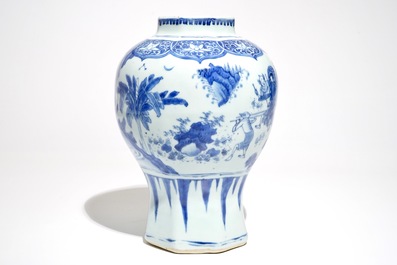 A Chinese blue and white baluster vase with figural design, Transitional period