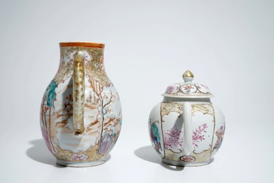 Une th&eacute;i&egrave;re et une verseuse en porcelaine de Chine famille rose &agrave; d&eacute;cor mandarin, Qianlong