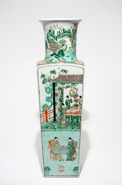 A tall Chinese square famille verte vase, Kangxi mark, 19th C.