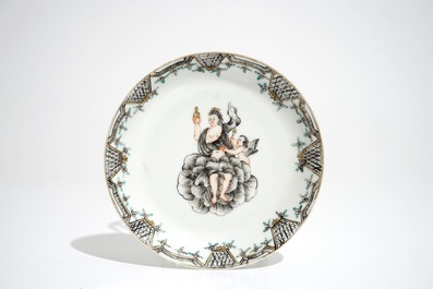 Two Chinese grisaille mythological subject &quot;Venus and Cupid&quot; cups and saucer, Qianlong