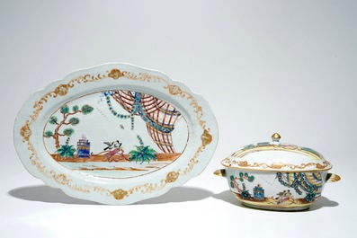 Une terrine sur plat oval en porcelaine de Chine famille rose aux d&eacute;cors des colombes de St.-Valentin, Qianlong