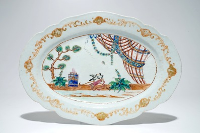 Une terrine sur plat oval en porcelaine de Chine famille rose aux d&eacute;cors des colombes de St.-Valentin, Qianlong