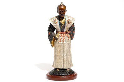 A polychrome painted Japanese bronze samurai, Meiji, 19/20th C.