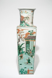 A tall Chinese square famille verte vase, Kangxi mark, 19th C.