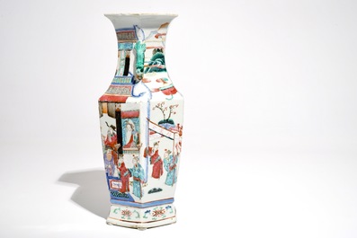 A Chinese hexagonal famille rose vase and an albarello-shaped famille verte vase, 19th C.