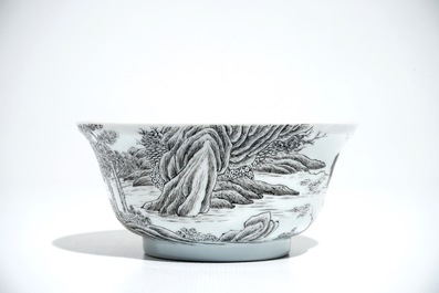 Un bol et une assiette en porcelaine de Chine grisaille &agrave; d&eacute;cor de buffles, Yongzheng