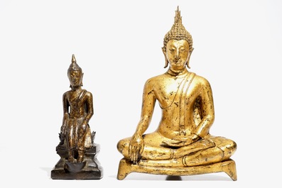 Two Thai gilt bronze figures of Buddha, 19/20th C.