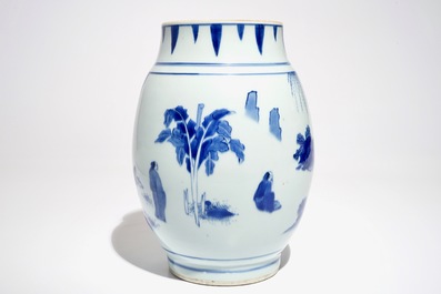 A Chinese blue and white olive-shaped vase with figures, Chongzhen, Transitional period