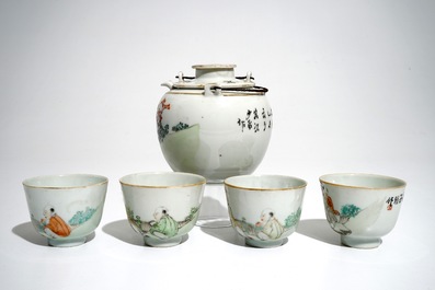 Een Chinees qianjiang cai theeservies met figurendecor, 19/20e eeuw