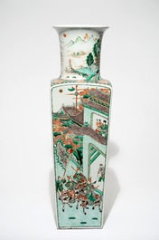 A tall Chinese square famille verte vase, Kangxi mark, 19th C.