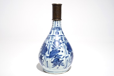 A Chinese blue and white bottle vase with Persian Qajar bronze mount, Wanli