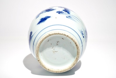 A Chinese blue and white olive-shaped vase with figures, Chongzhen, Transitional period