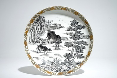 A Chinese grisaille bowl and plate with buffalos, Yongzheng