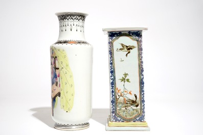 Two Chinese famille rose vases with birds and figures, 20th C.
