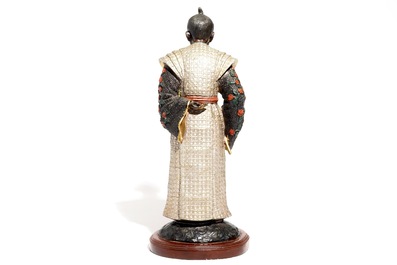 A polychrome painted Japanese bronze samurai, Meiji, 19/20th C.
