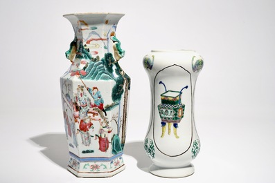A Chinese hexagonal famille rose vase and an albarello-shaped famille verte vase, 19th C.