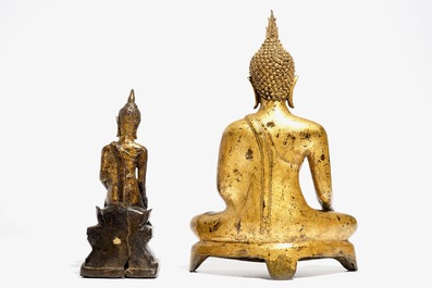 Twee Thaise vergulde bronzen Boeddha&rsquo;s, 19/20e eeuw