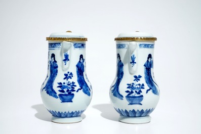 A pair of Chinese blue and white covered jugs with Long Eliza, Kangxi