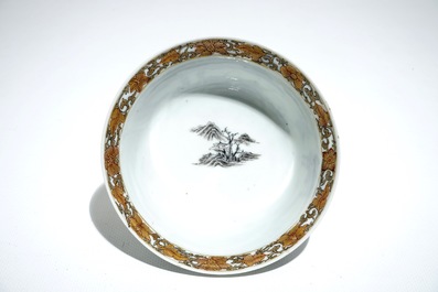 Un bol et une assiette en porcelaine de Chine grisaille &agrave; d&eacute;cor de buffles, Yongzheng