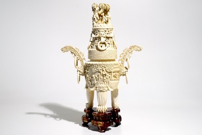 A large Chinese ivory incense burner with cover and wooden stand, early 20th C.