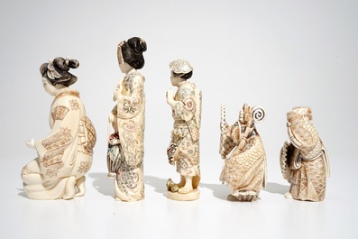 Five signed Japanese ivory okimono, 19/20th C.