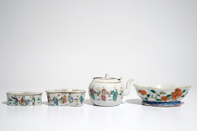 A Chinese famille rose teapot, two cricket boxes and a lobed bowl, 19th C.