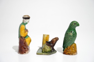 Two Chinese verte biscuit joss stick holders and a model of a parrot, Kangxi