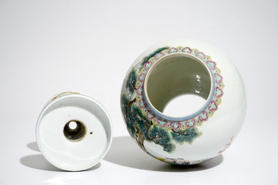 A Chinese famille rose eggshell porcelain lantern on stand, Republic, 20th C.