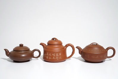 Three various Chinese Yixing stoneware teapots and covers, 19/20th C.