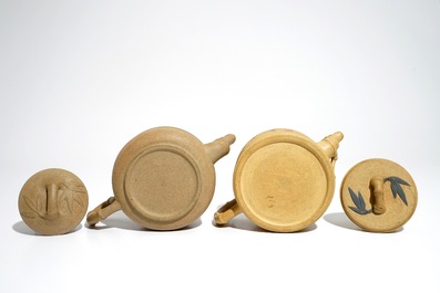 Two Chinese sand-coloured Yixing stoneware teapots, 20th C.