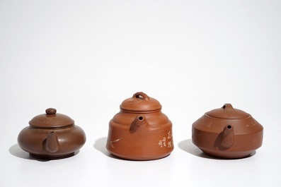 Three various Chinese Yixing stoneware teapots and covers, 19/20th C.