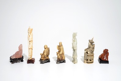 Seven Chinese carved ivory and hardstone figures in quartz, soapstone and goldstone, 19/20th C.