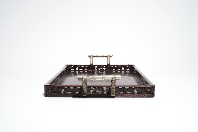 A Chinese wooden model of an ox and a wooden tray with silver handles, 19th C.