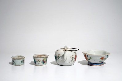 A Chinese famille rose teapot, two cricket boxes and a lobed bowl, 19th C.